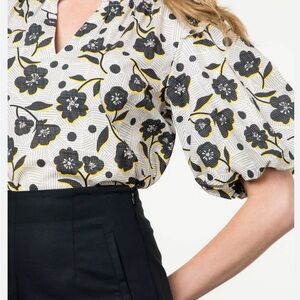 THML White Floral Puff-Sleeve Blouse with Black & Yellow Accents